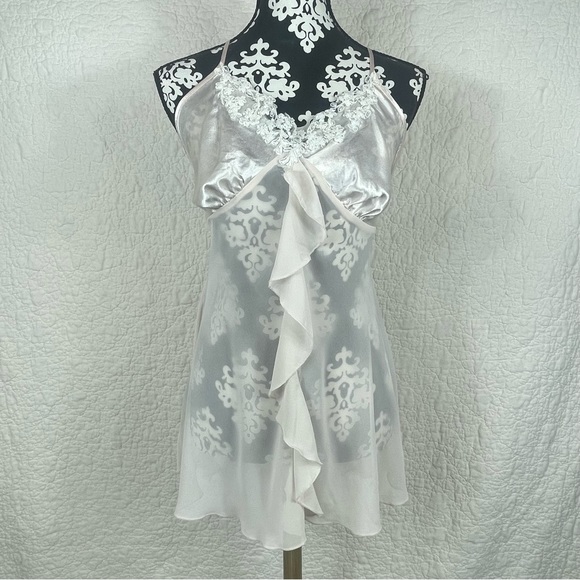 🔥Linea Donatella Lace & Beaded Sheer Slip Mini Dress With Flow Down Fabric Sz L - Picture 1 of 12